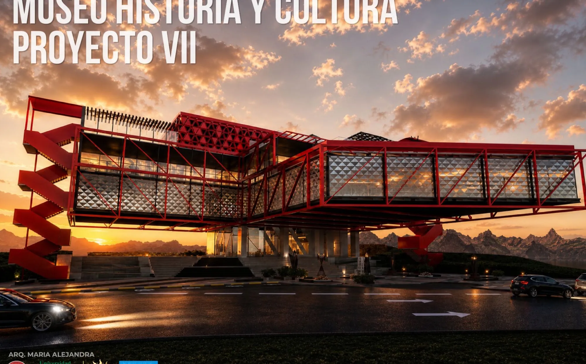 Render exterior del museo con la estructura roja en voladizo.