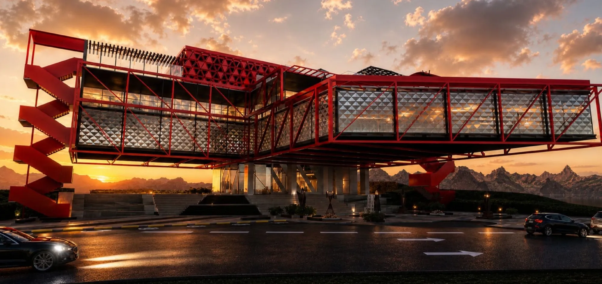 Render del museo al atardecer: megaestructura roja en voladizo sobre el primer nivel liberado.
