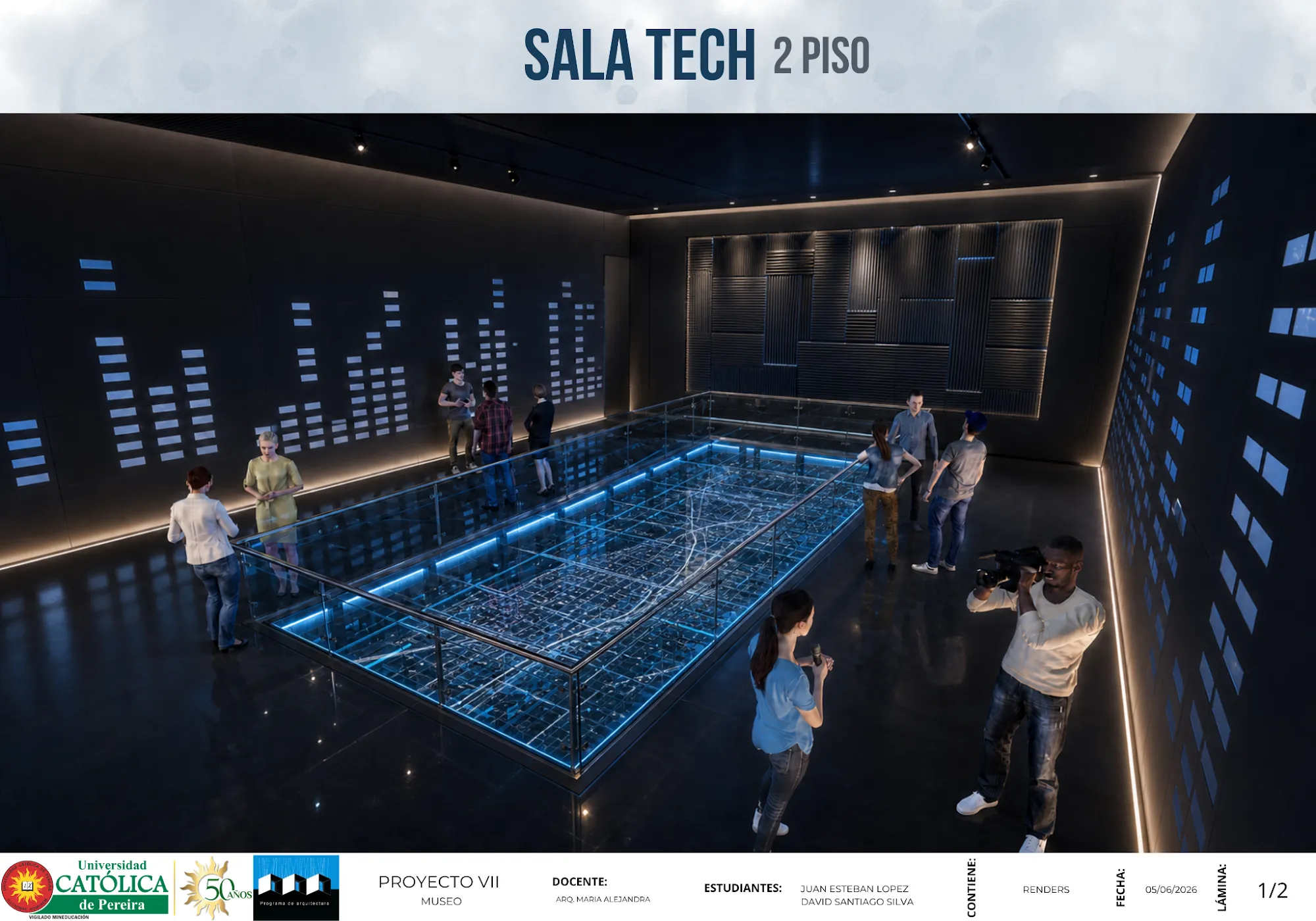 Lámina de renders interiores de las salas de exposición.