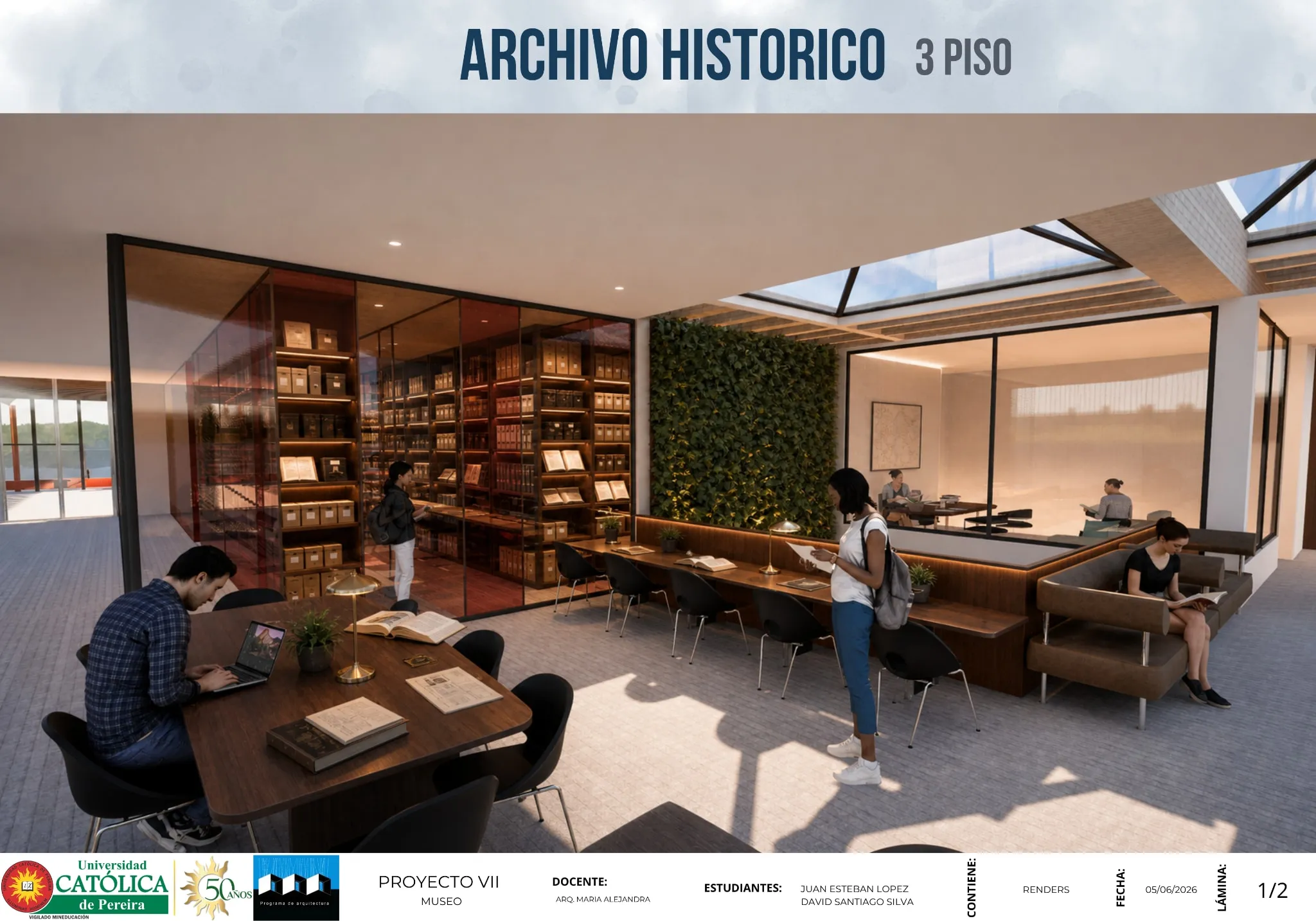 Lámina de render del archivo histórico en el tercer piso, con el muro verde y las salas de consulta bajo el lucernario.