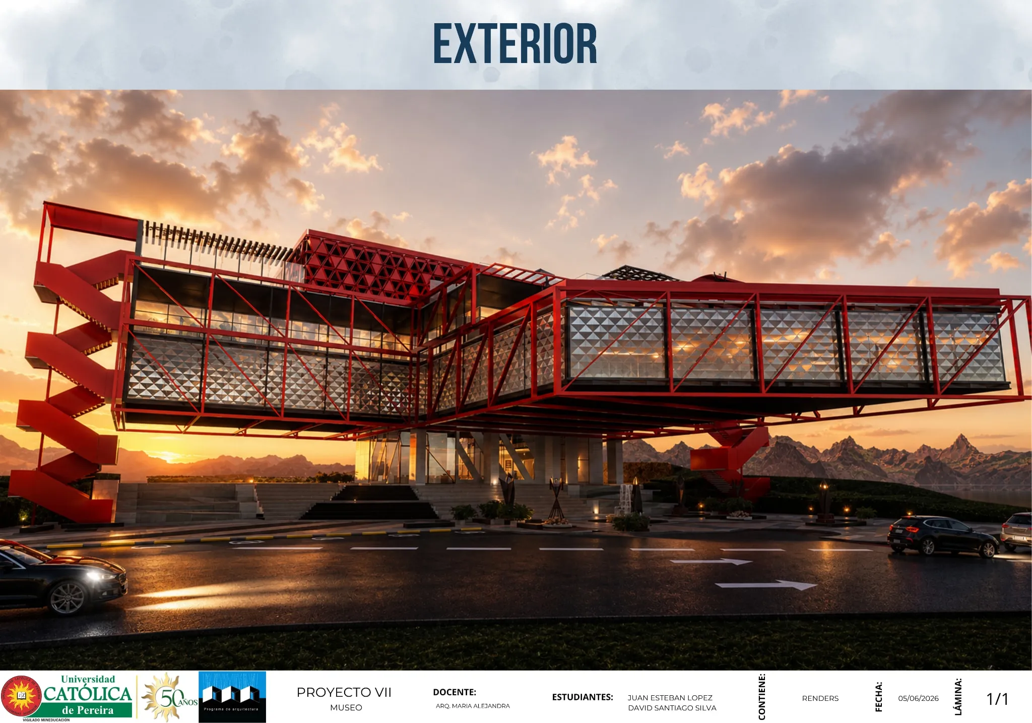 Lámina de render exterior: la megaestructura roja en voladizo sobre el acceso, al atardecer.
